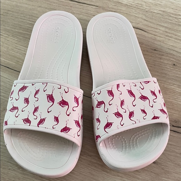 CROCS Shoes - Crocs Flamingo Print Slide Sandals Iconic Comfort Pool Beach Womens Size 7